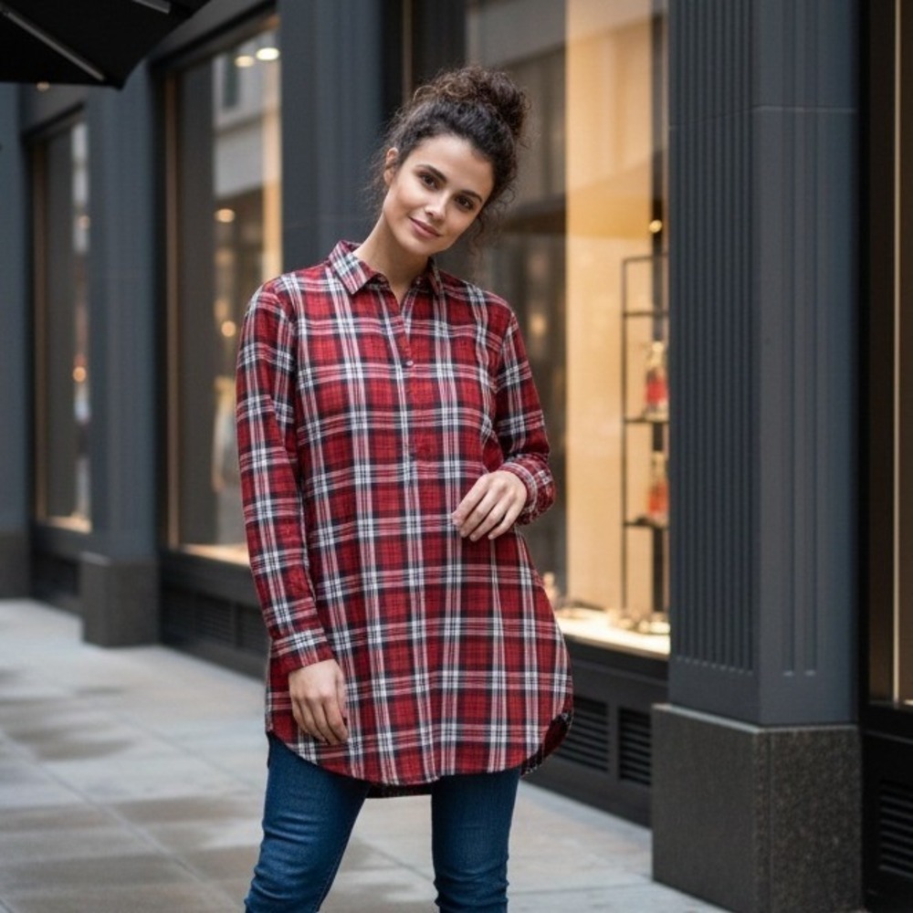 Lands' End 22W Women's Red Plaid Long Sleeve Tunic Top Supima Cotton LS 2X